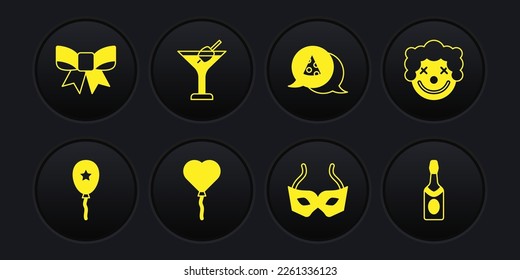 Set Balloon with ribbon, Clown head, Balloons in form of heart, Festive mask, Slice pizza, Martini glass, Champagne bottle and Gift bow icon. Vector