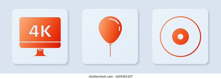 Set Balloon with ribbon , Computer PC monitor with 4k video technology  and CD or DVD disk . White square button. Vector
