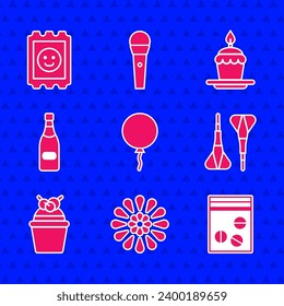 Ponga un globo con cinta, Firework, bolsa de plástico de droga, flecha Dart, Pastel, botella de champán, velas ardientes e icono de la marca de ácido LSD. Vector