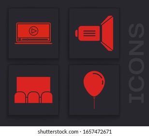 Set Balloon with ribbon , Online play video , Movie spotlight  and Cinema auditorium with screen and seats  icon. Vector