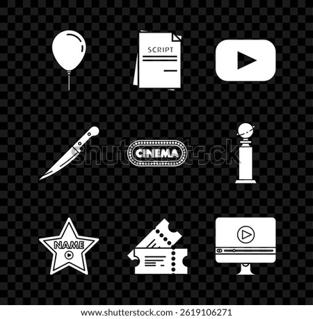 Set Balloon with ribbon, Scenario, Play, Hollywood walk of fame star celebrity boulevard, Cinema ticket, Online play video, Knife and poster design template icon. Vector