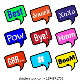 Set of balloon speech bubbles with messages and symbols, vector illustration