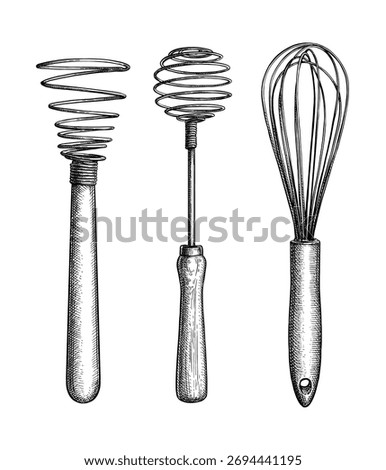 Set of balloon and spring whisks. Isolated ink sketch. Hand drawn vector illustration. Vintage style.