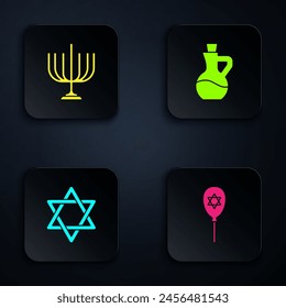 Set Balloon with star of david, Hanukkah menorah, Star David and Bottle olive oil. Black square button. Vector