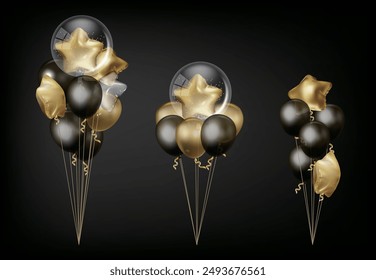 Set of balloon strings, star and round balloons, gold and black, suitable for parties, events, birthdays, black friday