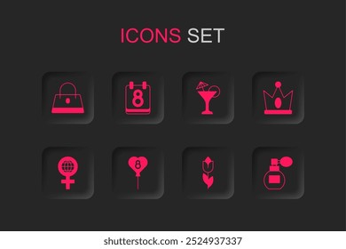 Set Balloons with 8 March, Calendar, Handbag, Flower tulip, King crown, Perfume, Martini glass and International Women Day icon. Vector