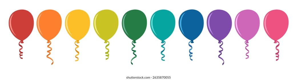 Set of balloons all rainbow colored. Inflatable multicolored helium balls, decoration for birthday or party. Hand drawn vector illustration isolated on white background, flat cartoon style.