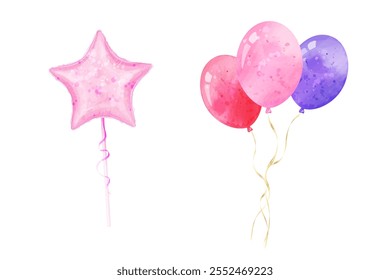 Set of balloons. Beautiful vector watercolor star shaped balloon