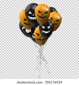 Set of balloons. Black and orange balloons with smiles for Halloween on transparent background. Design for Happy Halloween. Vector illustration.