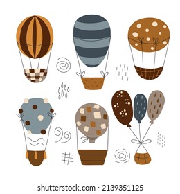 Set of balloons in boho style in warm colors. Vector illustration with weather textures