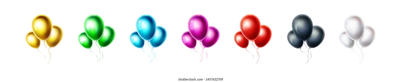 Set of balloons bunch isolated on white background. Group of realistic objects. Glossy and shiny color helium ballon for birthday, party, wedding decoration. Vector illustration. EPS10