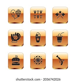 Set Balloons, Burger, Firework, Ice cream in waffle cone, Baseball glove with ball, American flag, Vintage pistols and Carnival garland flags icon. Vector