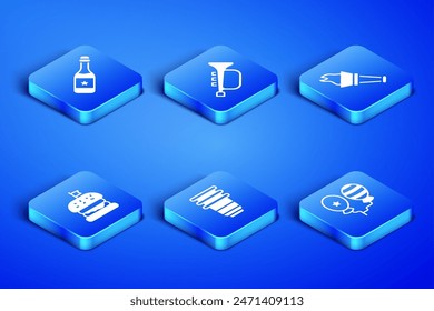 Set Balloons, Champagne bottle, Paper glass, Burger, Trumpet and Torch flame icon. Vector