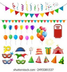 set of balloons confetti masks elements for birthday party