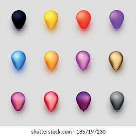 Set of balloons of different colors on light grey background. Vector festive illustration.