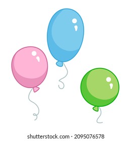 A set of balloons of different colors, pink, blue, green. Vector illustration in cartoon childish style. Isolated funny clipart on a white background. Cute baby birthday print
