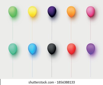 Set of balloons of different colors with threads on light grey background. Vector festive illustration.