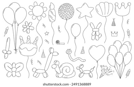 Ballonset mit verschiedenen Formen im Doodle-Stil. Welpen Ballon, Hund Ballon, Geburtstagstorte, Stern, Blumenstrauß, Herz und Schmetterling Set