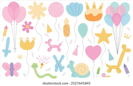 Set of balloons different shapes flat style. Puppy balloon, dog balloon, birthday cake, star, bouquet, heart and butterfly vector flat set