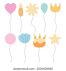 Set of balloons different shapes. Vector flat set of helium balloons, heart, crown, sun, shell, cake with candles, star