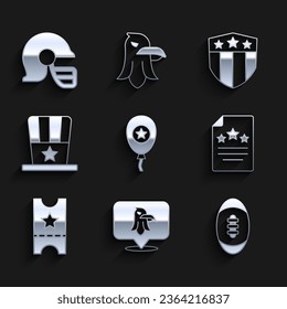Set Balloons, Eagle, American Football ball, Declaration of independence, Baseball ticket, Patriotic top hat, Shield with stars and football helmet icon. Vector