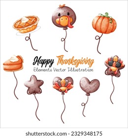 Set Balloons Face Turkey Pie Pumpkins Heart Star Thanksgiving Fall Autumn Elements Watercolor Vector File ,Cute Clipart cartoon style For banner, poster, card, t shirt, sticker