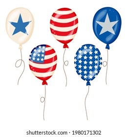 Set of balloons with flag pattern for 4th of July, United Stated independence day, American national day concept, vector illustration