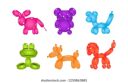 Set of balloons in form of different animals. Inflatable children toys. Flat vector for postcard or party poster