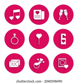 Set Balloons in form of heart, Bottle with love potion, Condom package, Please not disturb, Envelope Valentine, Diamond engagement ring, Glass champagne and Music note, tone hearts icon. Vector