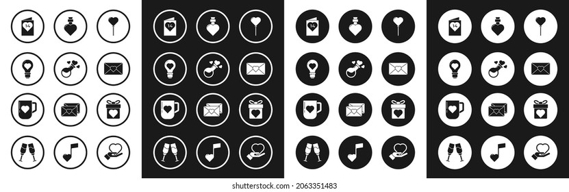 Set Balloons in form of heart, Bottle with love potion, Heart shape light bulb, Valentines day flyer, Envelope, Gift box and Coffee cup and icon. Vector