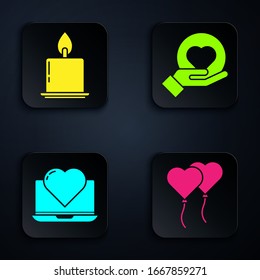 Set Balloons in form of heart, Burning candle, Laptop with heart and Heart on hand. Black square button. Vector