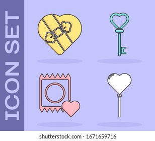 Set Balloons in form of heart, Candy in heart shaped box, Condom in package and Key in heart shape icon. Vector