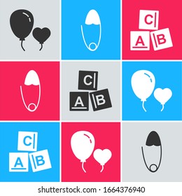 Set Balloons in form of heart, Classic steel safety pin and ABC blocks icon. Vector