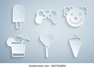Set Balloons in form of heart, Clown head, Cocktail, Ice cream waffle cone, Gamepad and  icon. Vector