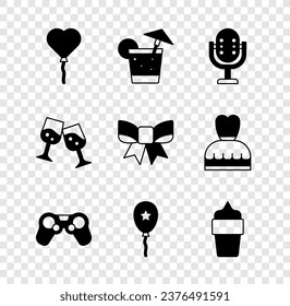 Set Balloons in form of heart, Cocktail, Microphone, Gamepad, with ribbon, Ice cream waffle cone, Glass champagne and Gift bow icon. Vector