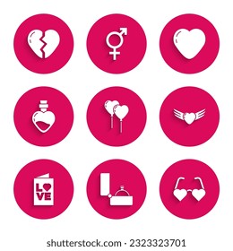 Set Balloons in form of heart, Diamond engagement ring, Heart shaped love glasses, with wings, Valentines day party flyer, Bottle potion,  and Broken icon. Vector