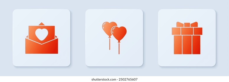 Set Balloons in form of heart, Envelope with Valentine and Gift box. White square button. Vector