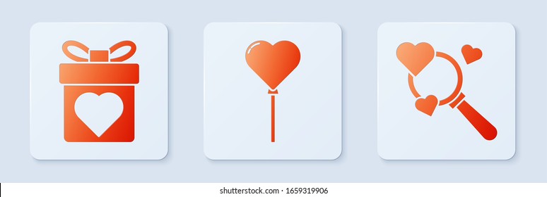 Set Balloons in form of heart, Gift box with heart and Search heart and love. White square button. Vector