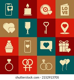 Set Balloons in form of heart, Gift box and, Map pointer with, Romantic music, Wine glass, Heart, Smartphone speech bubble and Key shape icon. Vector