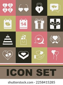 Set Balloons in form of heart, Heart hand, Gift box, Castle the shape, Calendar with February 14, Love text and  icon. Vector