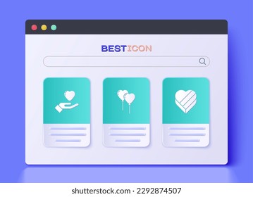 Set Balloons in form of heart, Heart hand and Candy shaped box icon. Vector