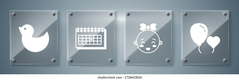 Set Balloons in form of heart, Happy little girl head, Calendar and Rubber duck. Square glass panels. Vector