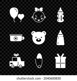 Set Balloons in Form von Herz, Happy kleinen Mädchen Kopf, Babyflasche, Spielzeugauto, Klassischer Stahl Sicherheitstitel, Geschenkbox, Töpferei und Teddybär Plüschspielzeugsymbol. Vektorgrafik