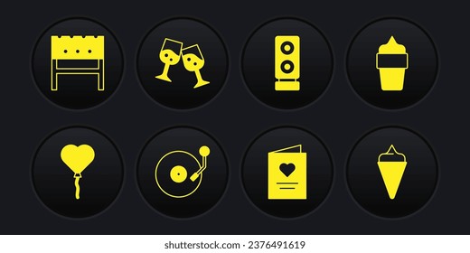 Set Balloons in form of heart, Ice cream waffle cone, Vinyl player with disk, Postcard, Stereo speaker, Glass champagne,  and BBQ brazier icon. Vector
