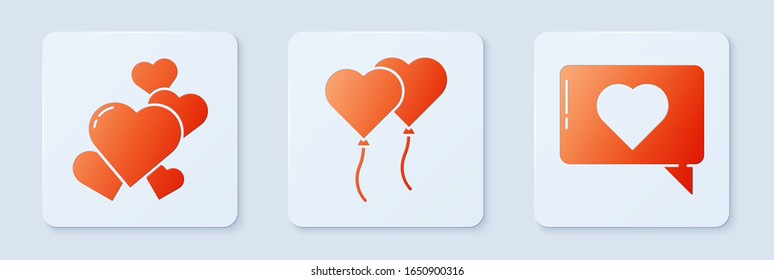 Set Balloons in form of heart, Heart and Like and heart. White square button. Vector