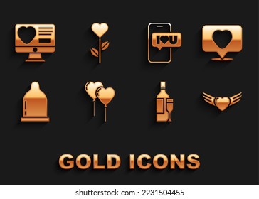 Set Balloons in form of heart, Like and, Heart with wings, Champagne bottle, Condom, Mobile, Dating app online and shape flower icon. Vector