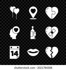 Set Balloons in form of heart, Location with, Heart, Calendar February 14, Smiling lips, Broken, Head and Champagne bottle icon. Vector