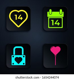 Set Balloons in form of heart, Heart, Lock and heart and Calendar with February 14. Black square button. Vector