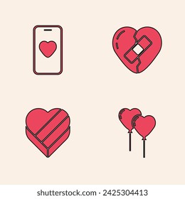 Juego de globos en forma de corazón, aplicación de citas en línea y chat, sanado roto y caramelo en forma de icono de caja. Vector