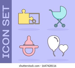 Set Balloons in Form von Herz, Puzzleteil, Baby-Dummy-Pazifik und Baby-Roller-Icon. Vektorillustration